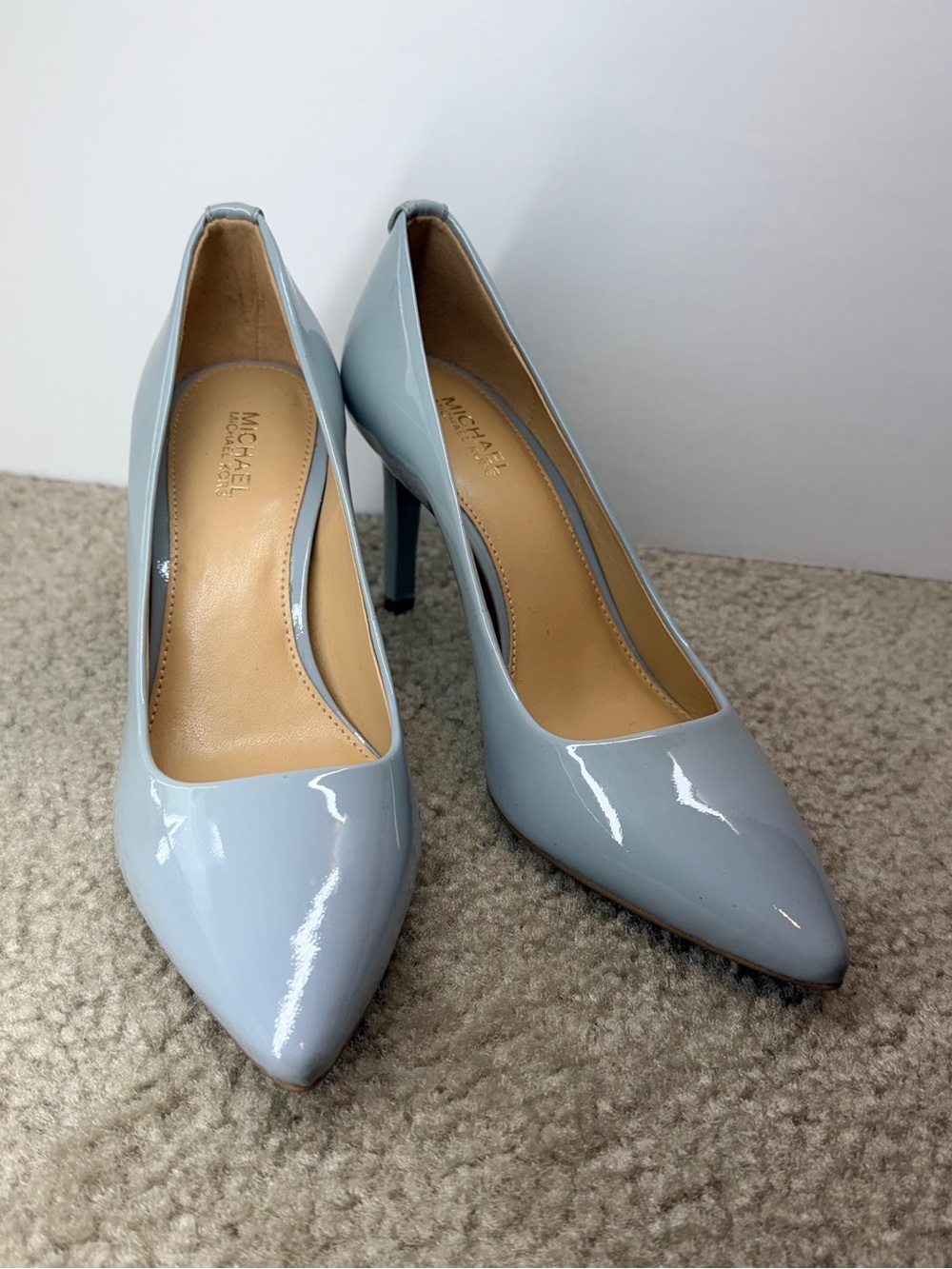 Michael Kors Blue Patent Leather Pointed Toe Slip On Stiletto Pump Logo 5M